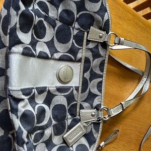 Coach Signature logo blue/silver purse- fabric- 11x16x4 - zipper- EUC $135
